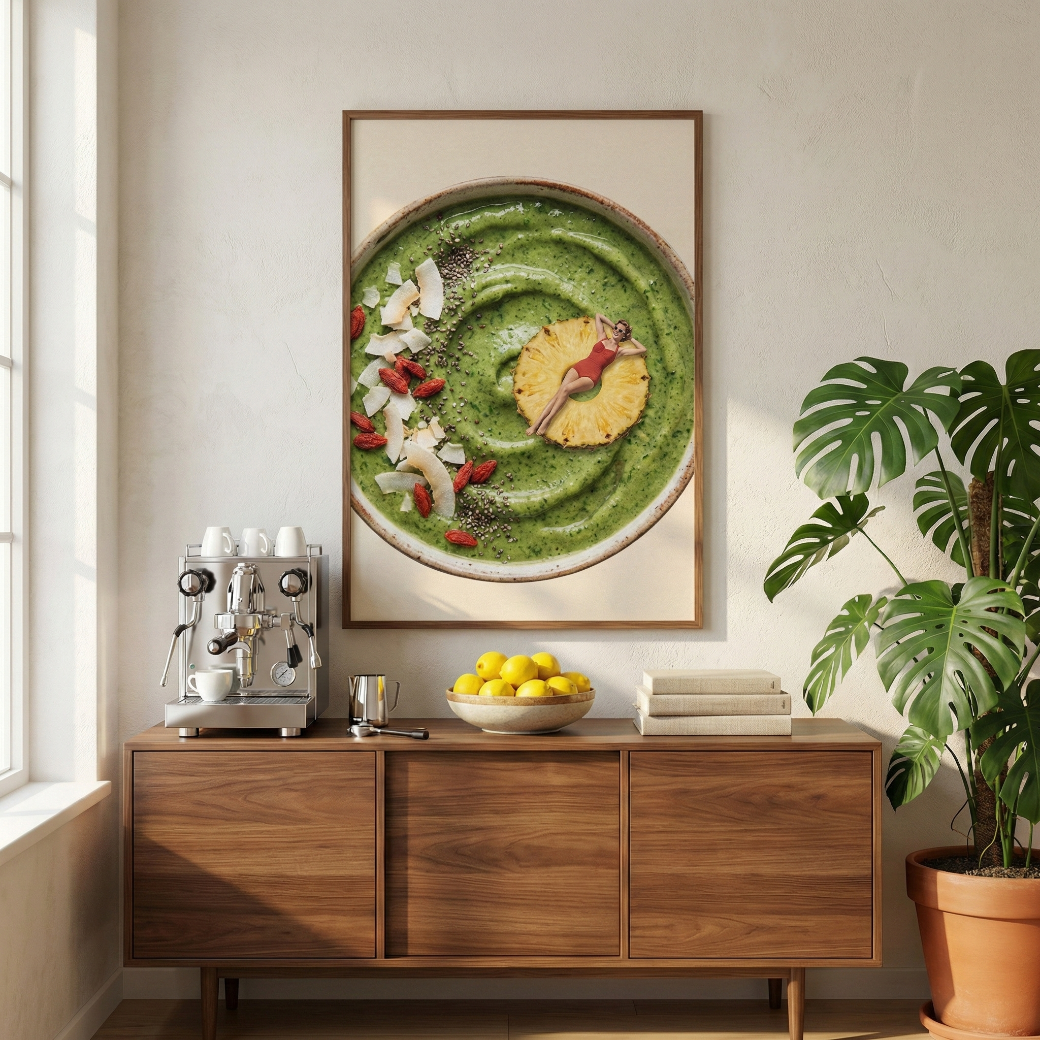 A bright, modern interior with a large framed artwork above a wooden sideboard. The artwork shows a top-down view of a green smoothie bowl topped with coconut, seeds, and red berries. A miniature woman in a red swimsuit "sunbathes" on a pineapple slice in the bowl's center. On the sideboard is a silver espresso machine, a bowl of lemons, and books. A large monstera plant stands to the right, with sunlight from a nearby window casting shadows across the scene.
