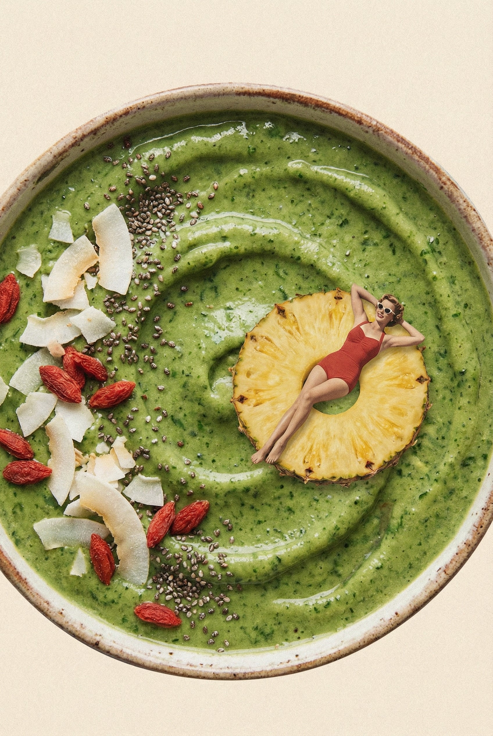 Miniature woman in a red swimsuit reclining on a circular pineapple slice floating in a thick green smoothie bowl. Coconut flakes, chia seeds, and goji berries are scattered across the surface.

