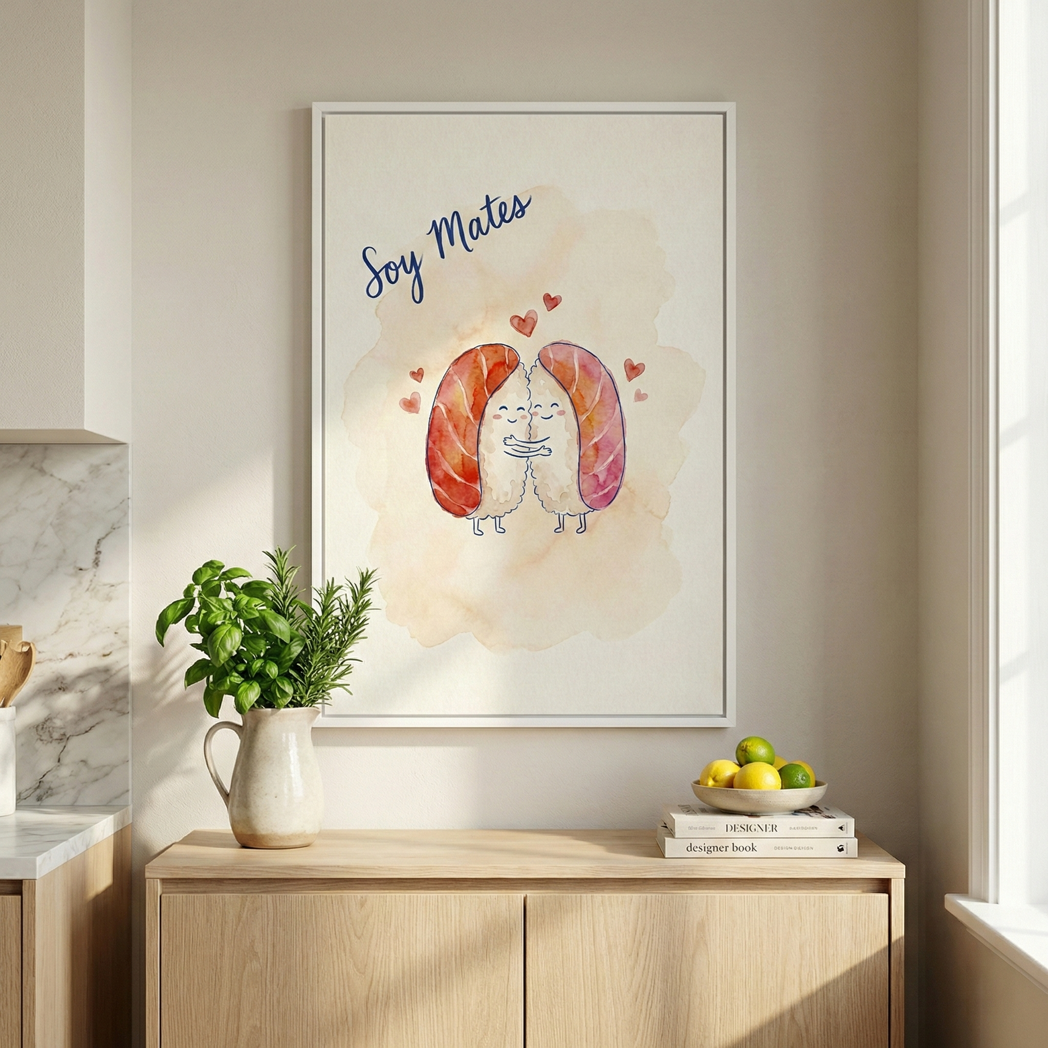 An illustrated vertical artwork in a white frame hangs on an off-white wall above a light wood cabinet. The artwork features two cute, anthropomorphic pieces of sushi hugging each other with small red hearts floating around them. Above the sushi, the text "Soy Mates" is written in a navy blue script. The background of the illustration is a soft, peach-colored watercolor wash. 