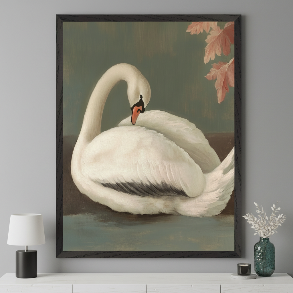 Modern living room with a white console table. A large black-framed painting of a white swan preening, with reddish-pink leaves, on a dark green background, hangs centered above the table.