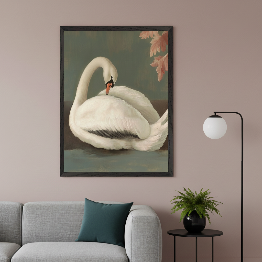 Modern living room with a gray sectional sofa and dark teal pillow. A large framed painting of a white swan on dark water with reddish leaves above it hangs above the sofa. A black floor lamp and a small round side table with a green plant in a black vase are to the right.