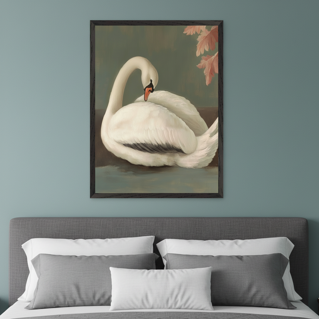 Modern bedroom with a gray upholstered bed. A framed realistic painting of a white swan on water, preening, with reddish leaves, hangs centered above the headboard.