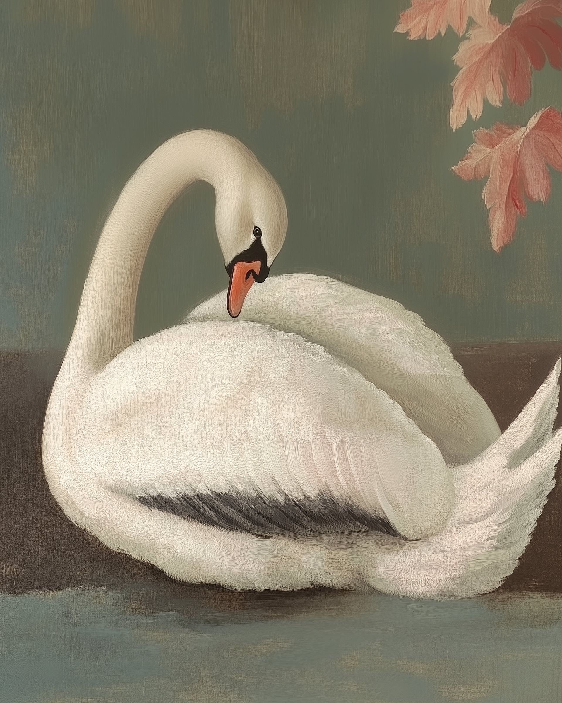 A white swan gracefully tucking its head beneath its wing while floating on calm water. Soft autumnal leaves frame the top right corner, contrasting with the dark, muted background.