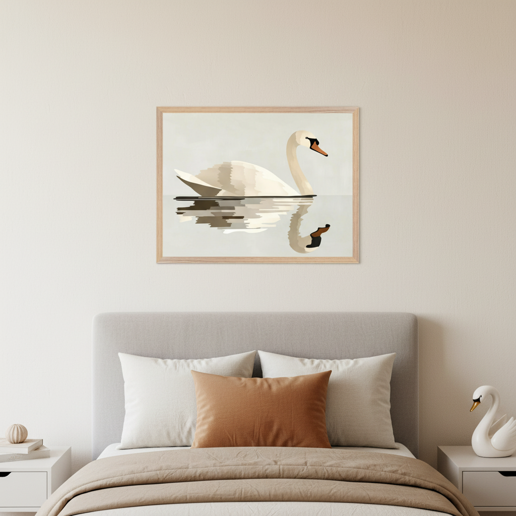 Modern bedroom with a bed and light grey headboard. A framed minimalist illustration of a white swan on water with its reflection hangs centered above the bed.