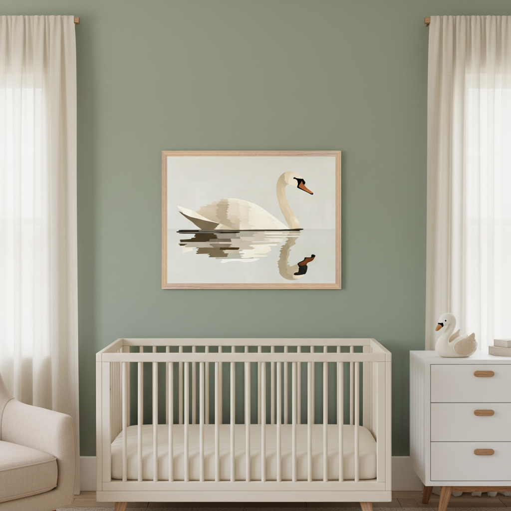 Modern nursery with a light green wall. A white crib is centered against the wall. A framed minimalist illustration of a white swan floating on water with its reflection hangs centered above the crib. A white dresser is on the right, and an armchair is partially visible on the left.