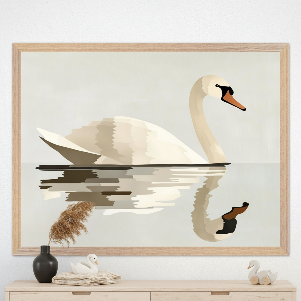 Framed minimalist artwork of a white swan gracefully gliding on calm water, with its soft reflection mirrored below. The serene print is displayed above a light wood dresser topped with a black vase holding dried grass, a knit cloth, and swan-themed decor, creating a peaceful, nature-inspired setting.