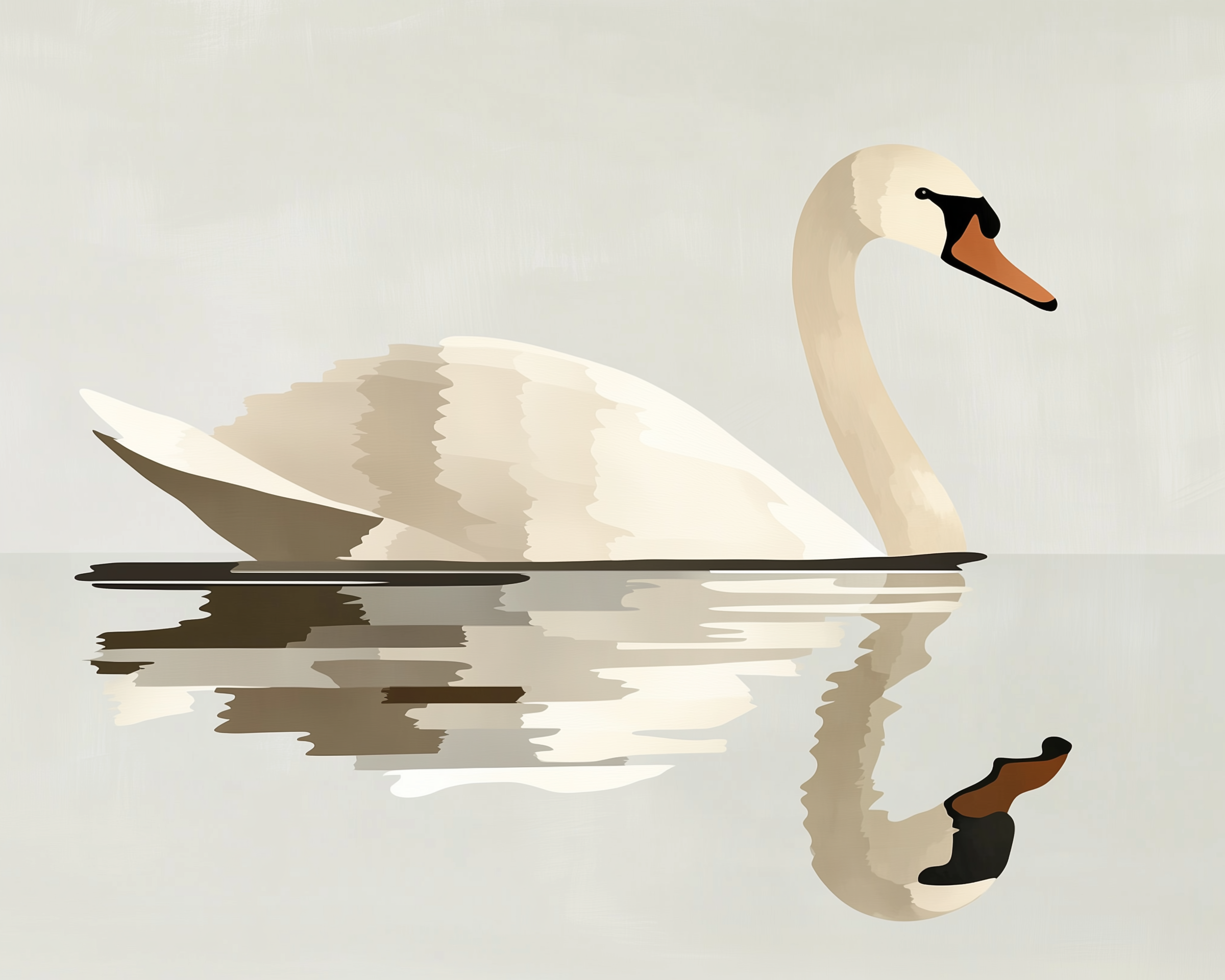 A graceful swan glides across calm water, its reflection mirrored perfectly below. The swan's elegant white feathers and distinctive orange beak stand out against the soft, neutral background.