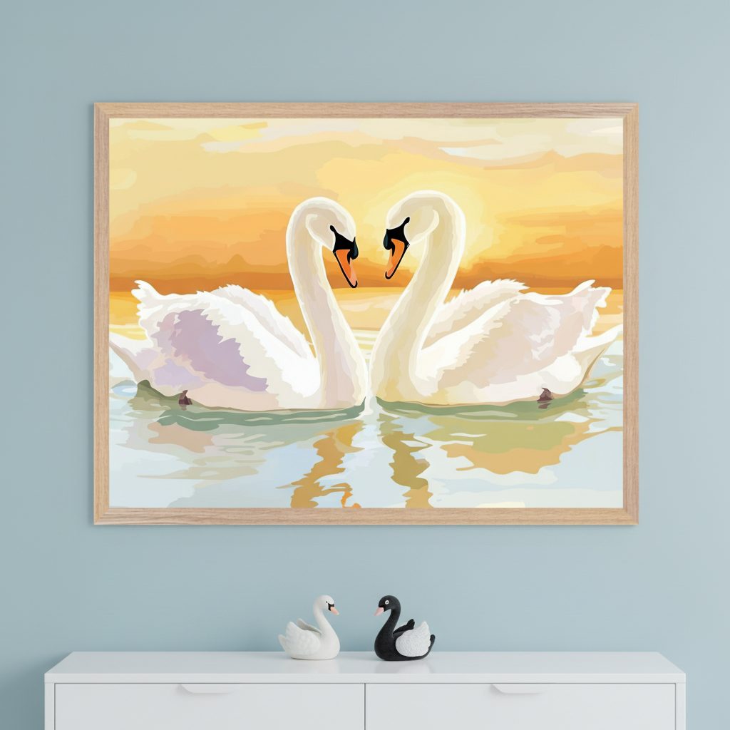 Modern room with light blue walls. A large framed illustration of two white swans forming a heart on water at sunset hangs above a white dresser. Two swan figurines sit on the dresser.