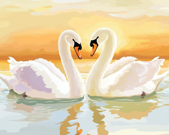 Two elegant swans face each other on a serene lake, their reflections shimmering in the water, against a vibrant sunset backdrop.