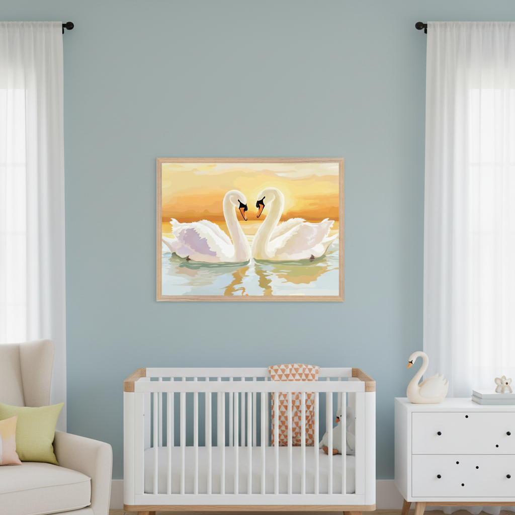 Modern nursery with a white crib, dresser, and beige armchair. A framed illustrative print of two white swans forming a heart against an orange sunset is centered above the crib on a light blue wall.