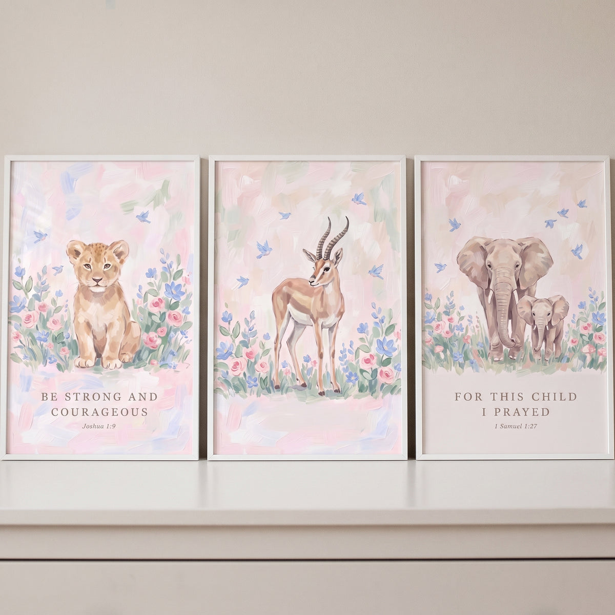 Sweet Blooming Safari Animals Wall Art Set Of 3 - Safari Faith Decor