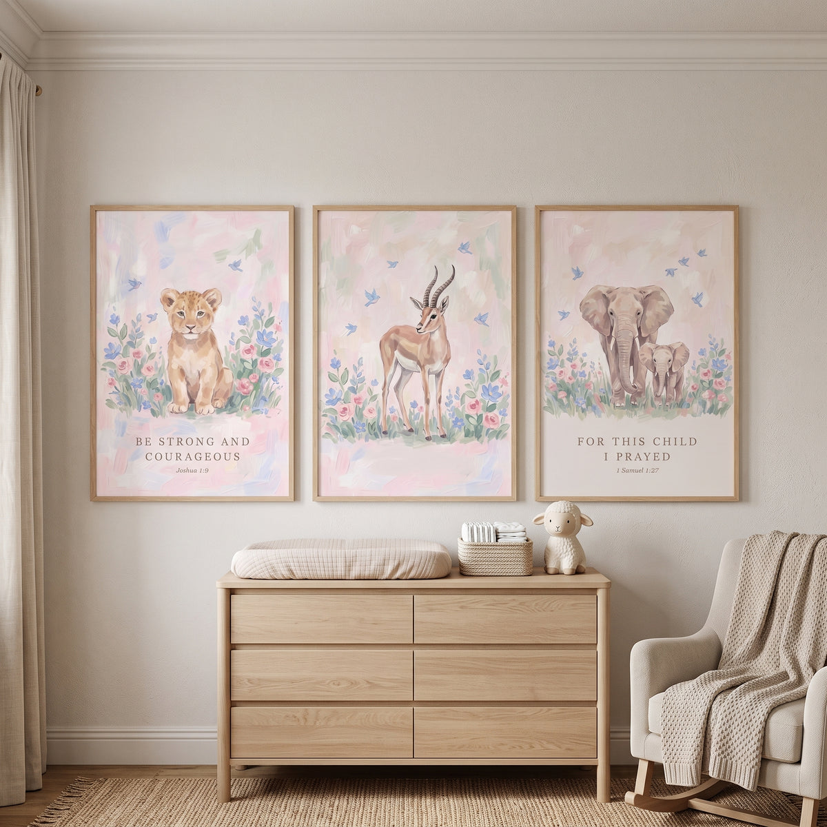 Sweet Blooming Safari Animals Wall Art Set Of 3 - Safari Faith Decor