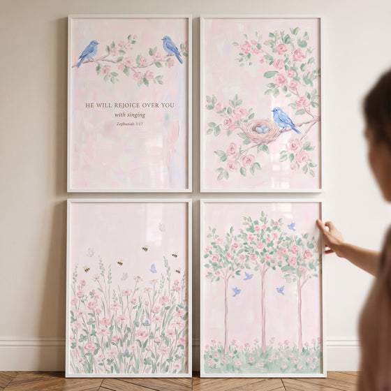 Sweet blush floral garden wall art set of 4 features blue birds, flowers, and Scripture in soft pink and green tones.