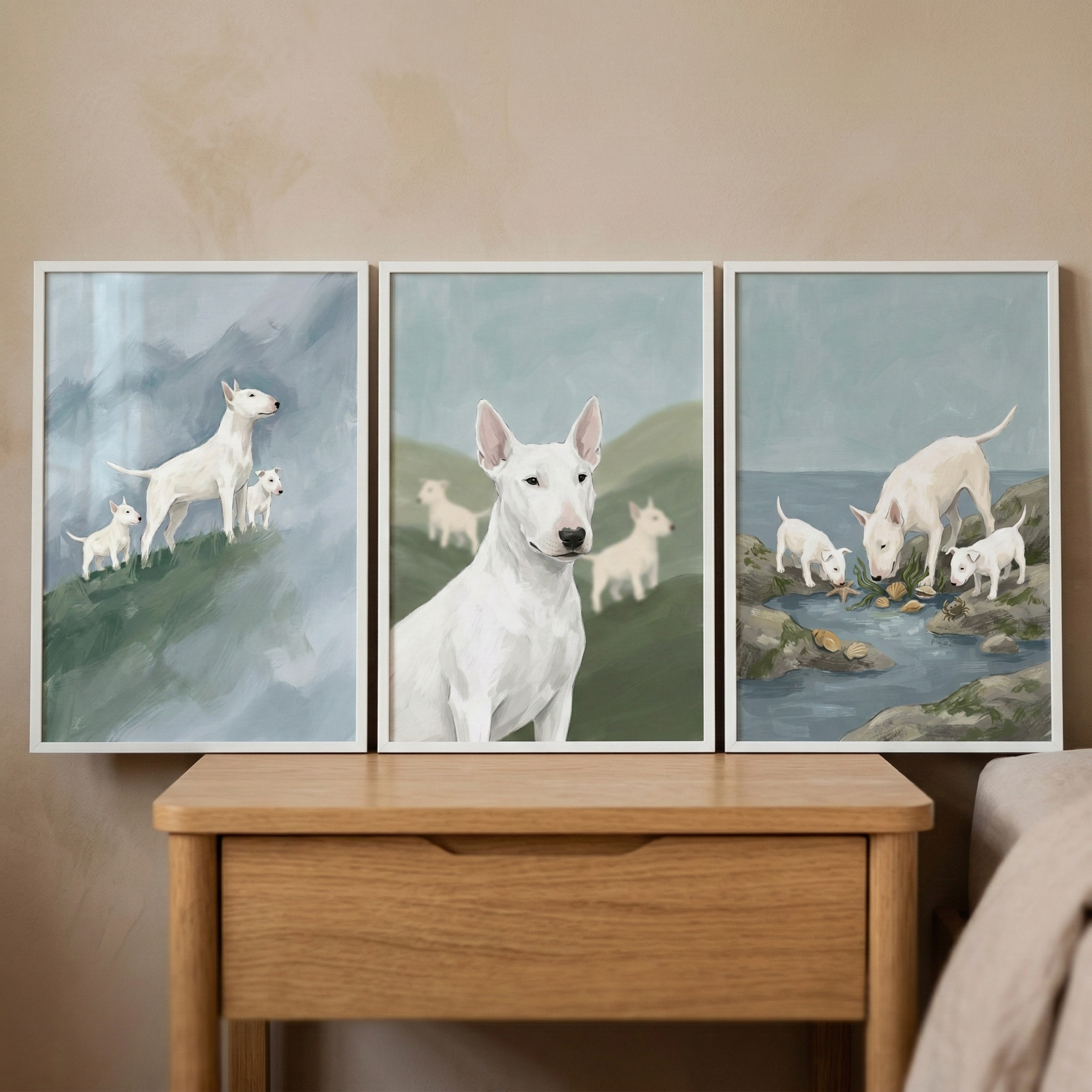 Sweet Bull Terrier Wall Art Set of 3 - White Terrier Travels