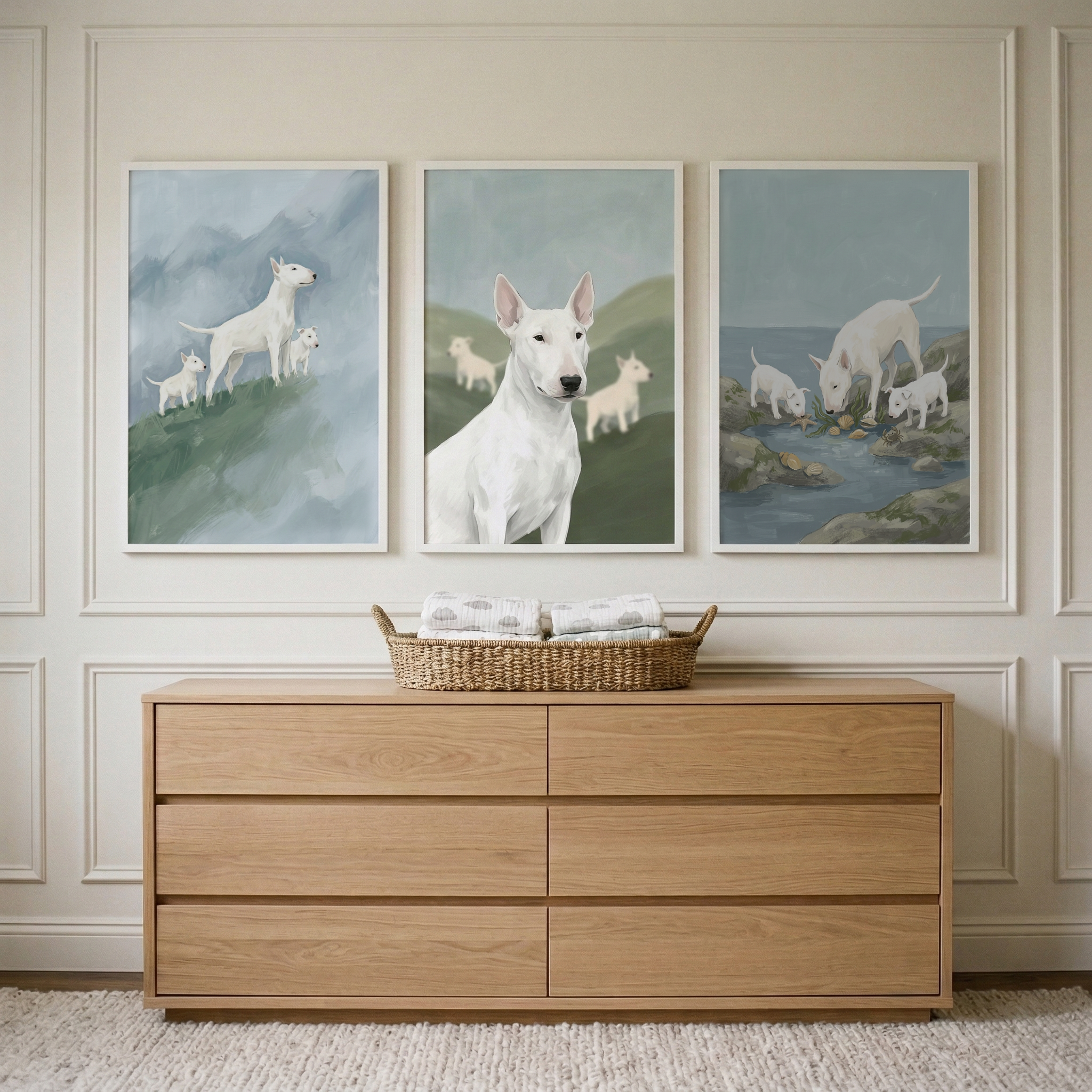 Sweet Bull Terrier Wall Art Set of 3 - White Terrier Travels