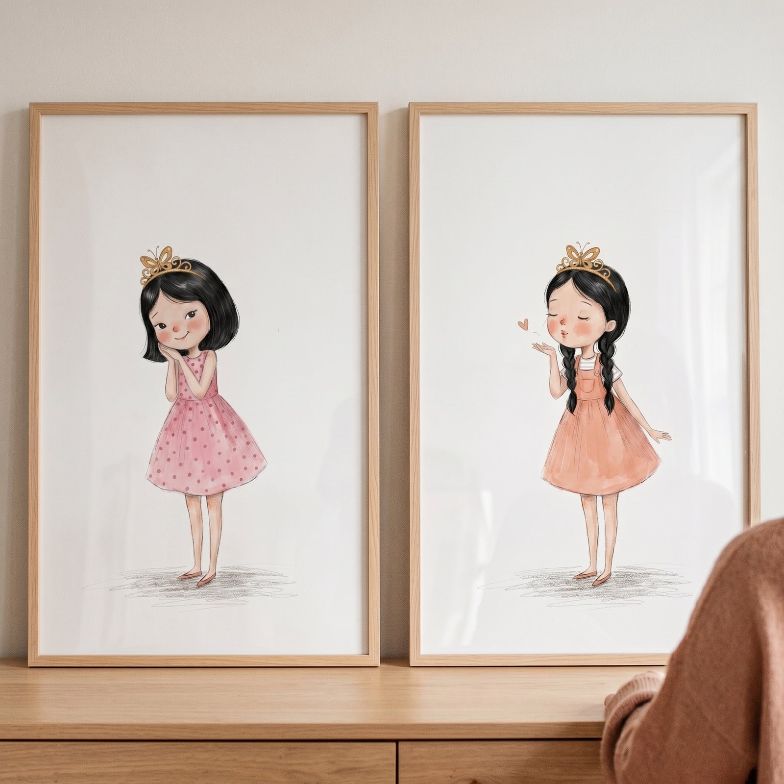 Sweet butterfly crown girl wall art set of 2 features framed illustrations of a girl in pink and peach dresses.