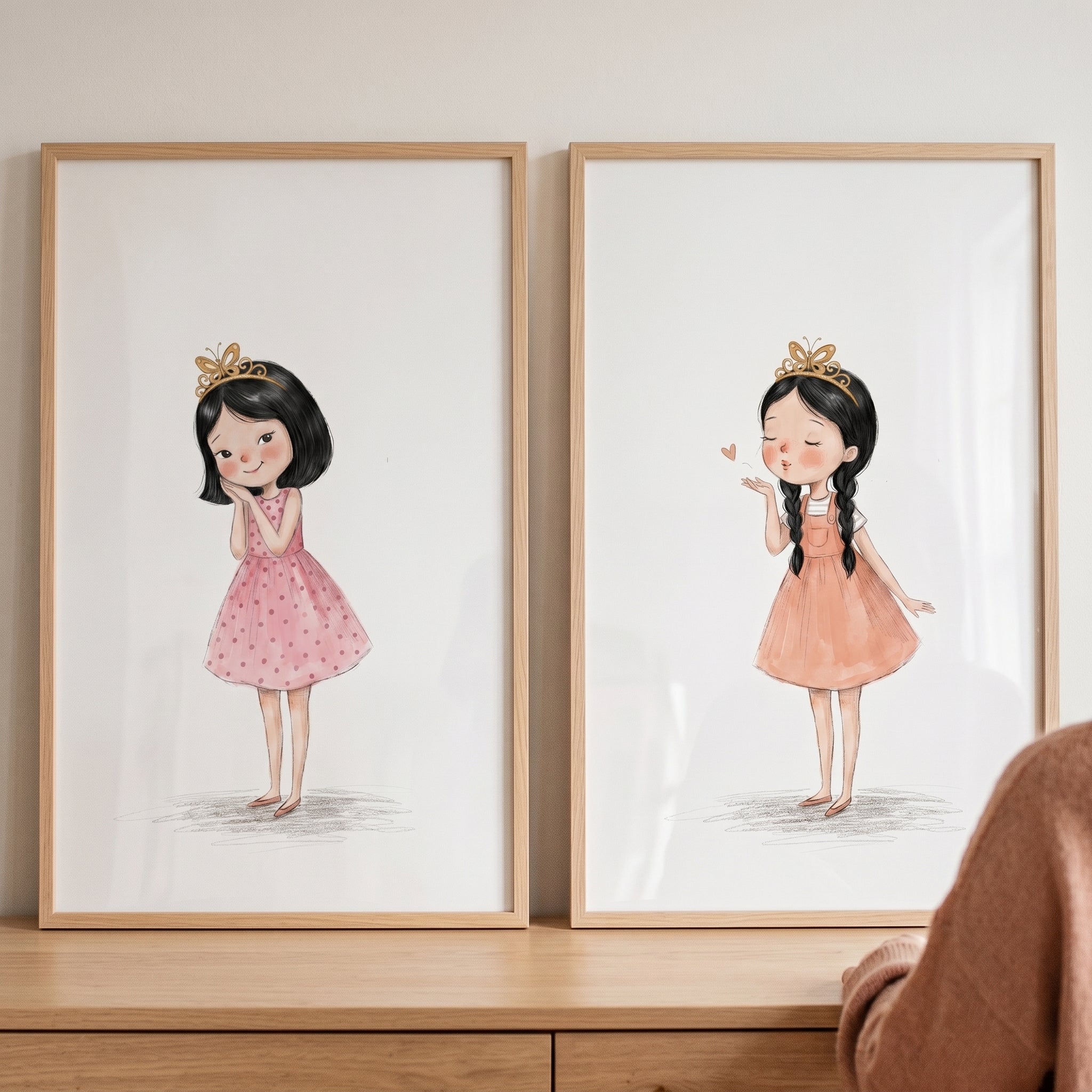 Sweet Butterfly Crown Girl Wall Art Set of 2 - Little Tiara Girl