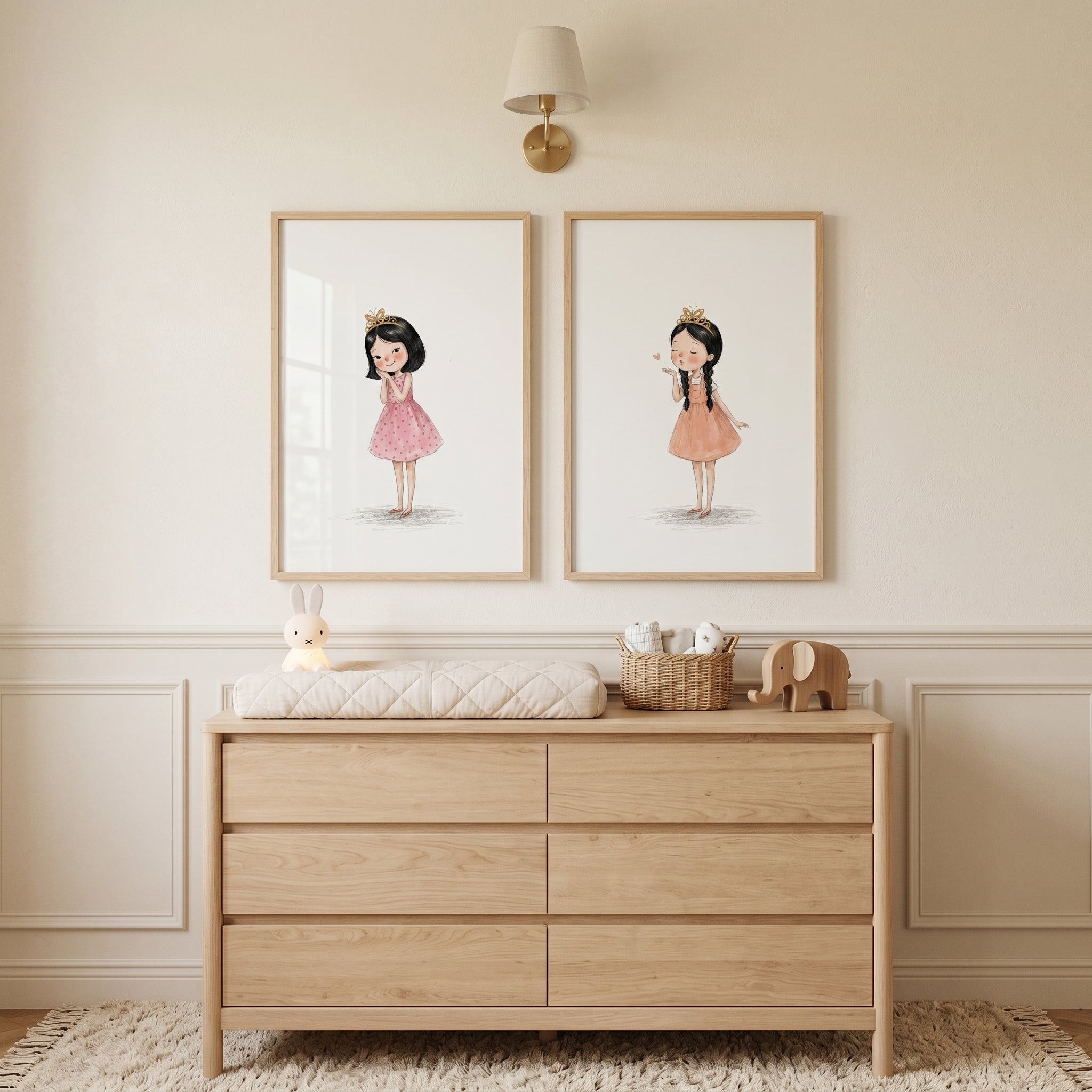 Sweet Butterfly Crown Girl Wall Art Set of 2 - Little Tiara Girl