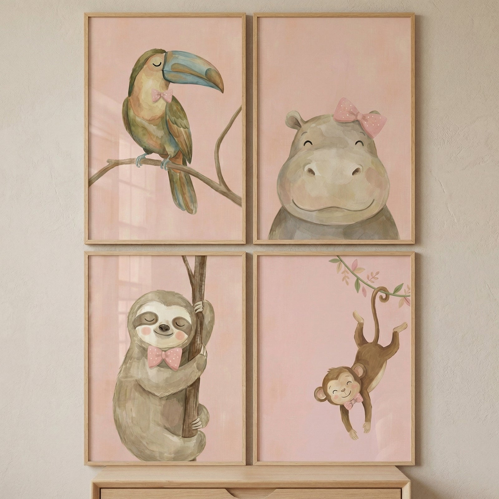 This image displays a set of four framed nursery-themed illustrations arranged in a two-by-two grid on a neutral wall. Each piece features a different stylized animal rendered in a soft, delicate style against a solid, pale pink background.
