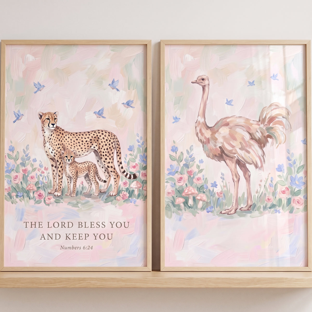 Sweet floral safari animals wall art set of 2 featuring a cheetah, cub, Bible verse, and an ostrich in pastel flowers.