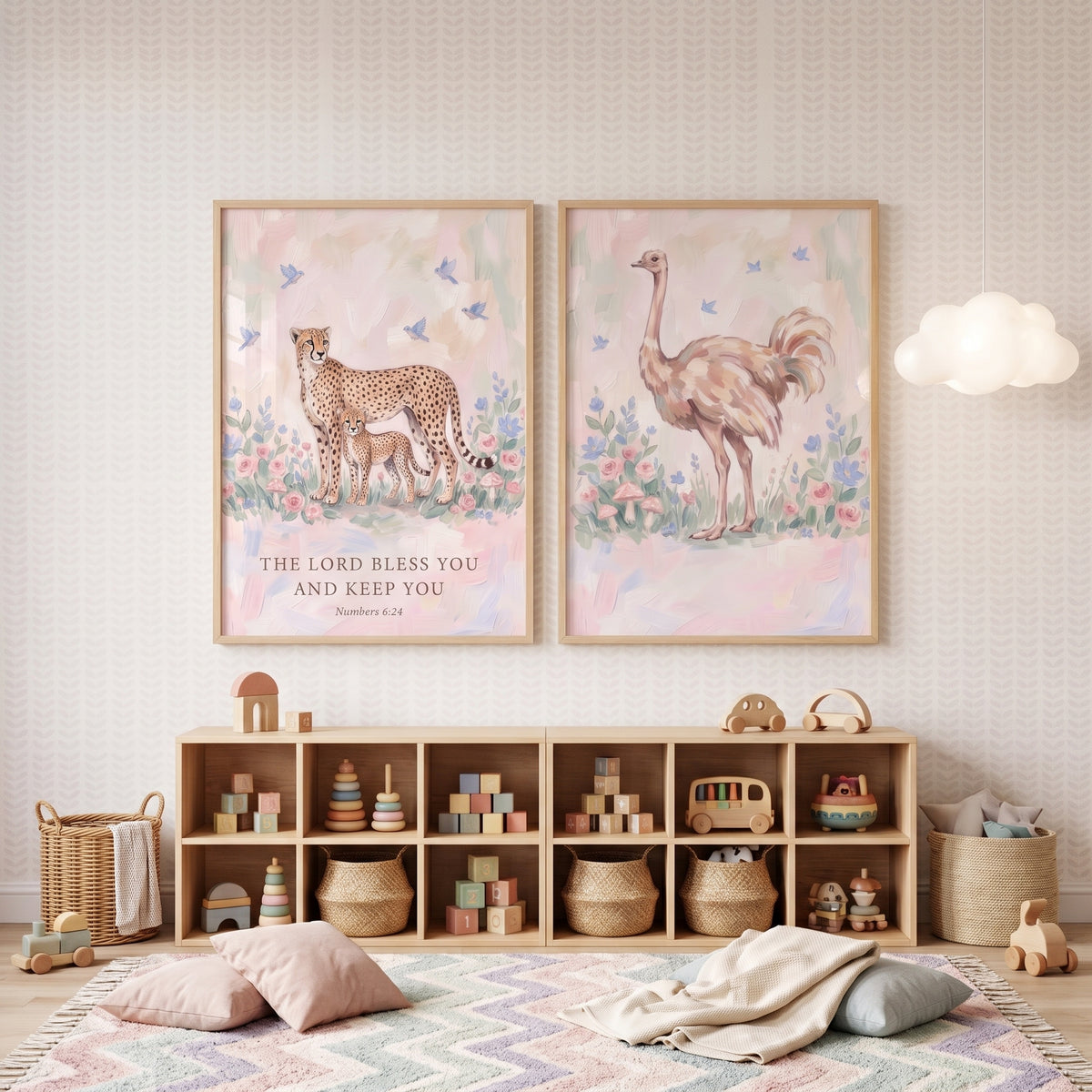Sweet Floral Safari Animals Wall Art Set of 2 - Sacred Savannah Blessings