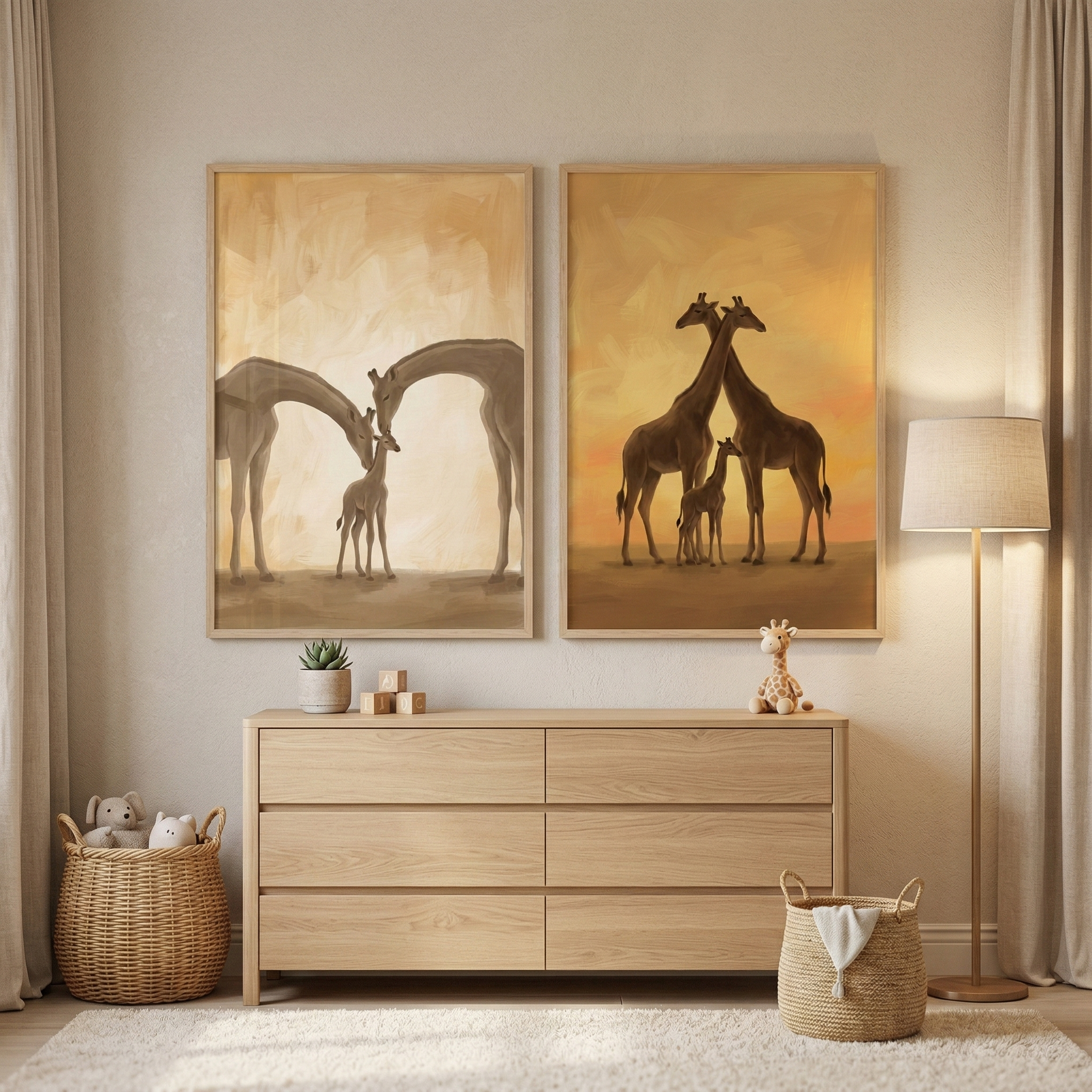 Sweet Giraffe Family Wall Art Set of 2 - Gentle Giraffe Love