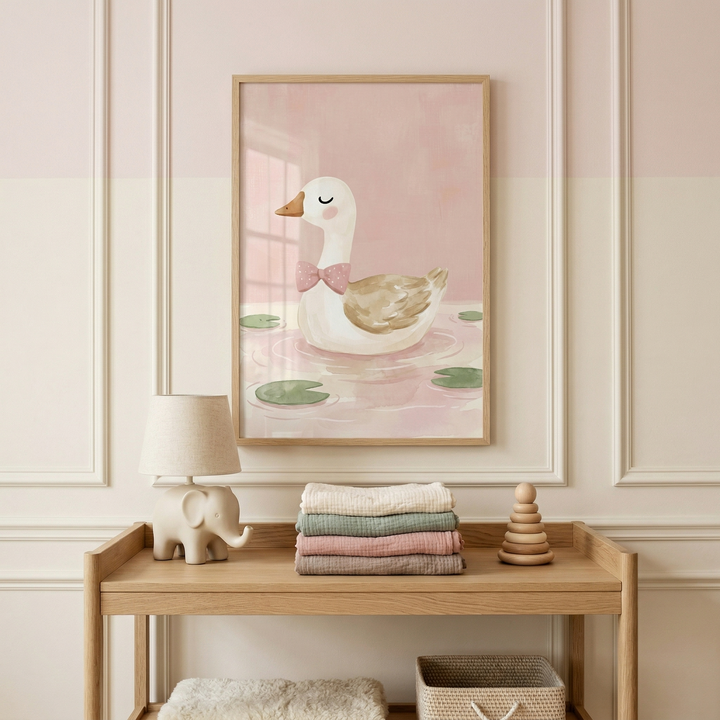 A nursery setting with a framed illustration on a pink wall with decorative molding. The artwork depicts a white goose with a pink bow tie floating on a pink pond with lily pads. Below the frame, a wooden table holds a small white lamp shaped like an elephant, a stack of four muslin blankets in cream, green, and pink tones, and a wooden ring stacking toy. The overall aesthetic is minimalist and soft.