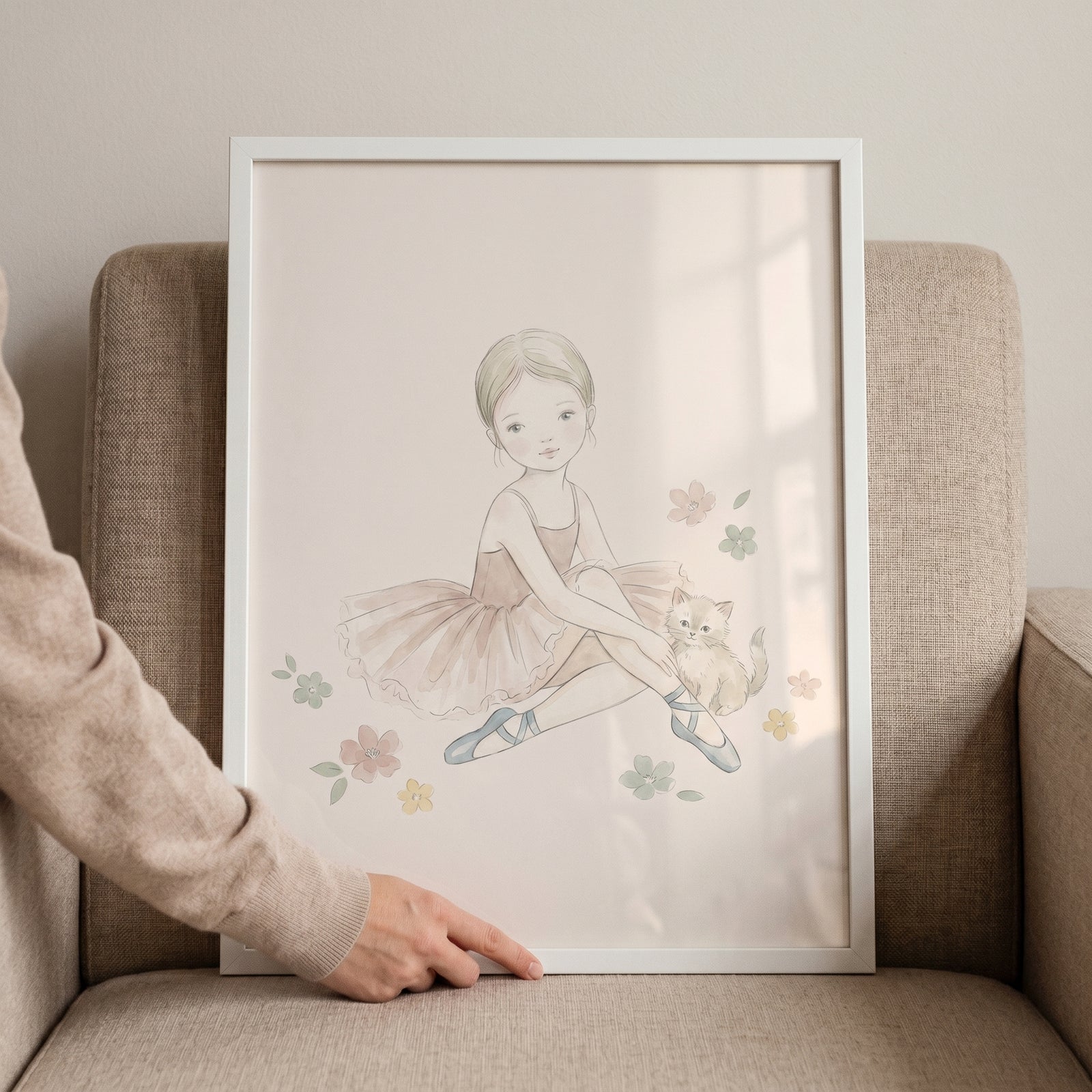 Framed sweet kitten companion ballerina wall art with a girl in a tutu and a cat surrounded by soft flowers.