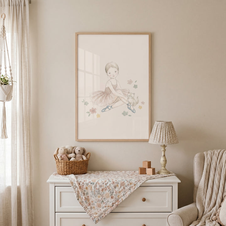 Illustration of a girl in a pink tutu with her sweet kitten companion ballerina wall art and pastel flowers.