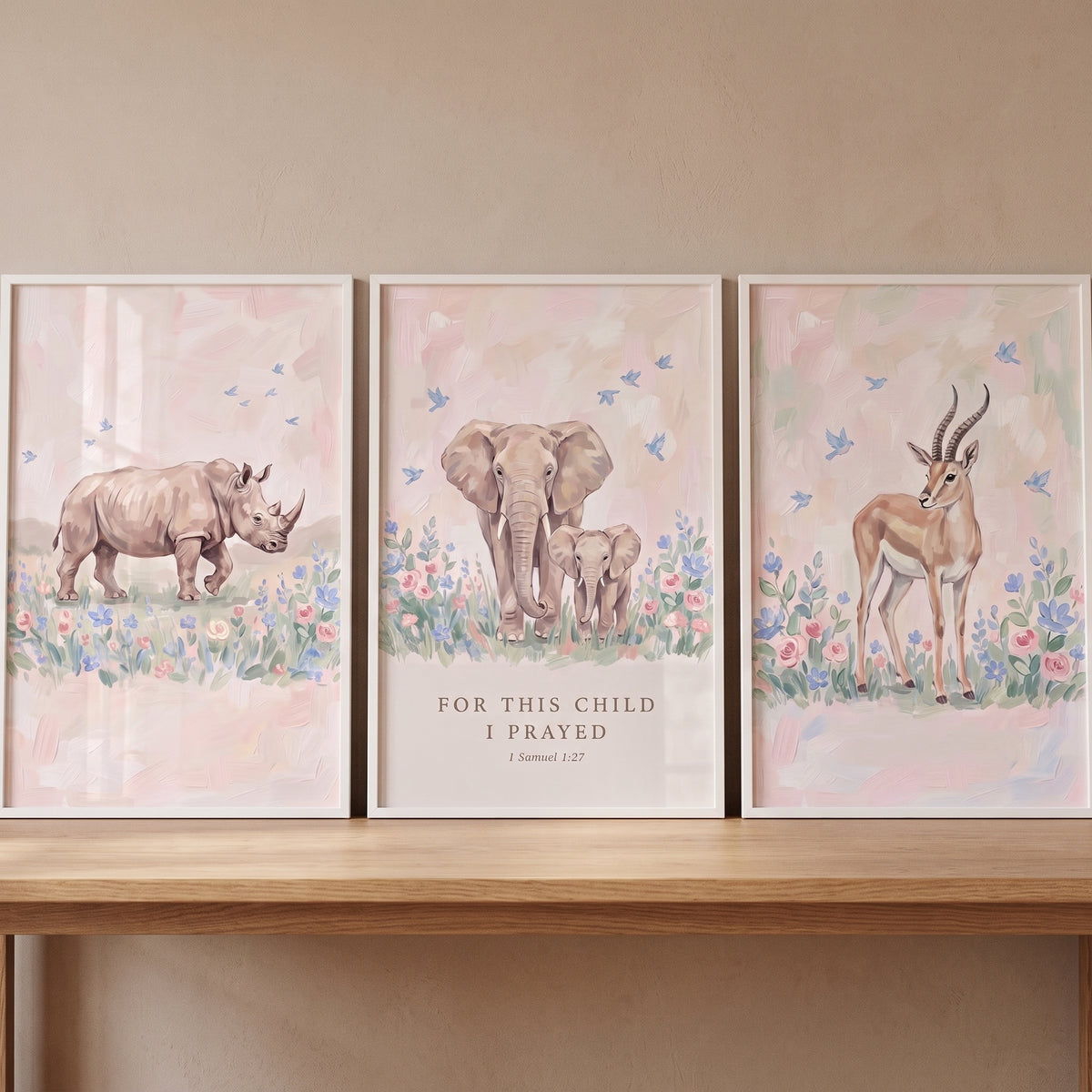 Sweet meadow safari animals wall art set of 3 featuring a rhino, elephants, and a gazelle with a Bible verse.