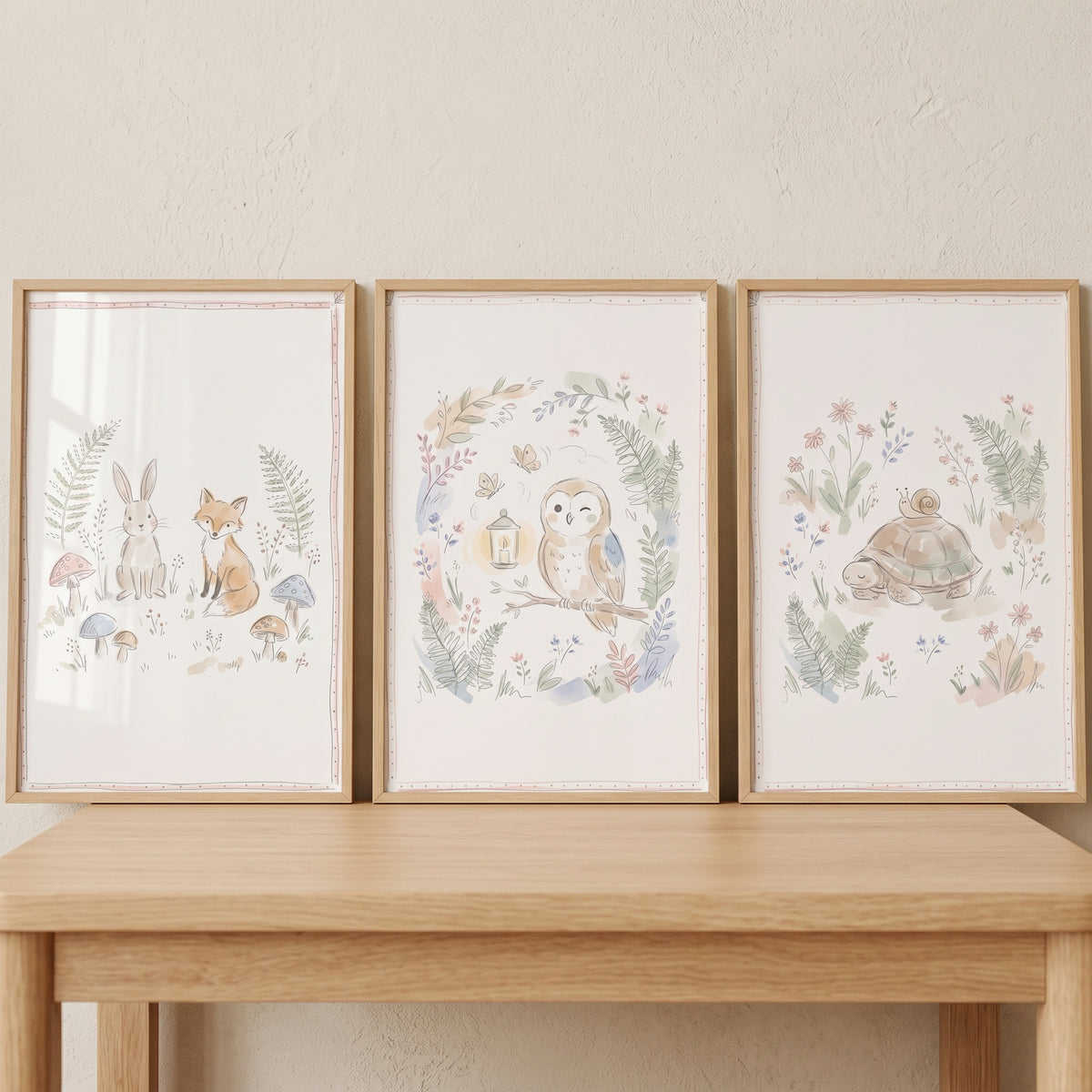 Sweet Pastel Woodland Animals Wall Art Set of 3 - Whimsical Meadow Tales