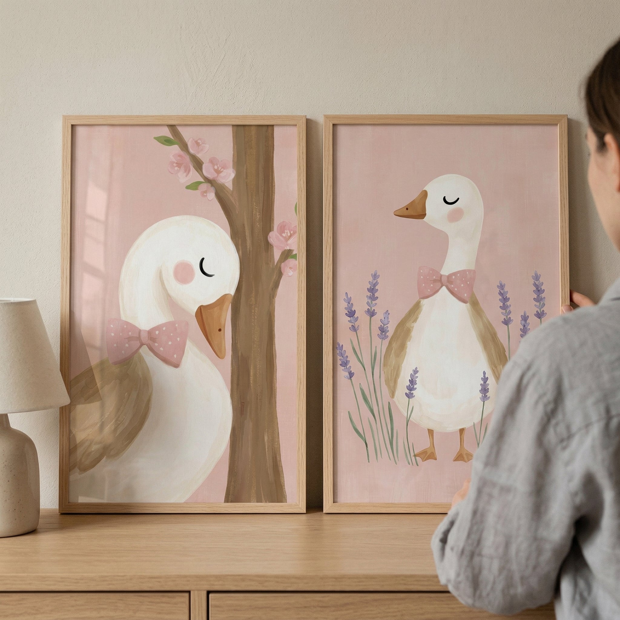 Sweet Pink Bow Goose Wall Art Set of 2 - Sweet Duck Duo