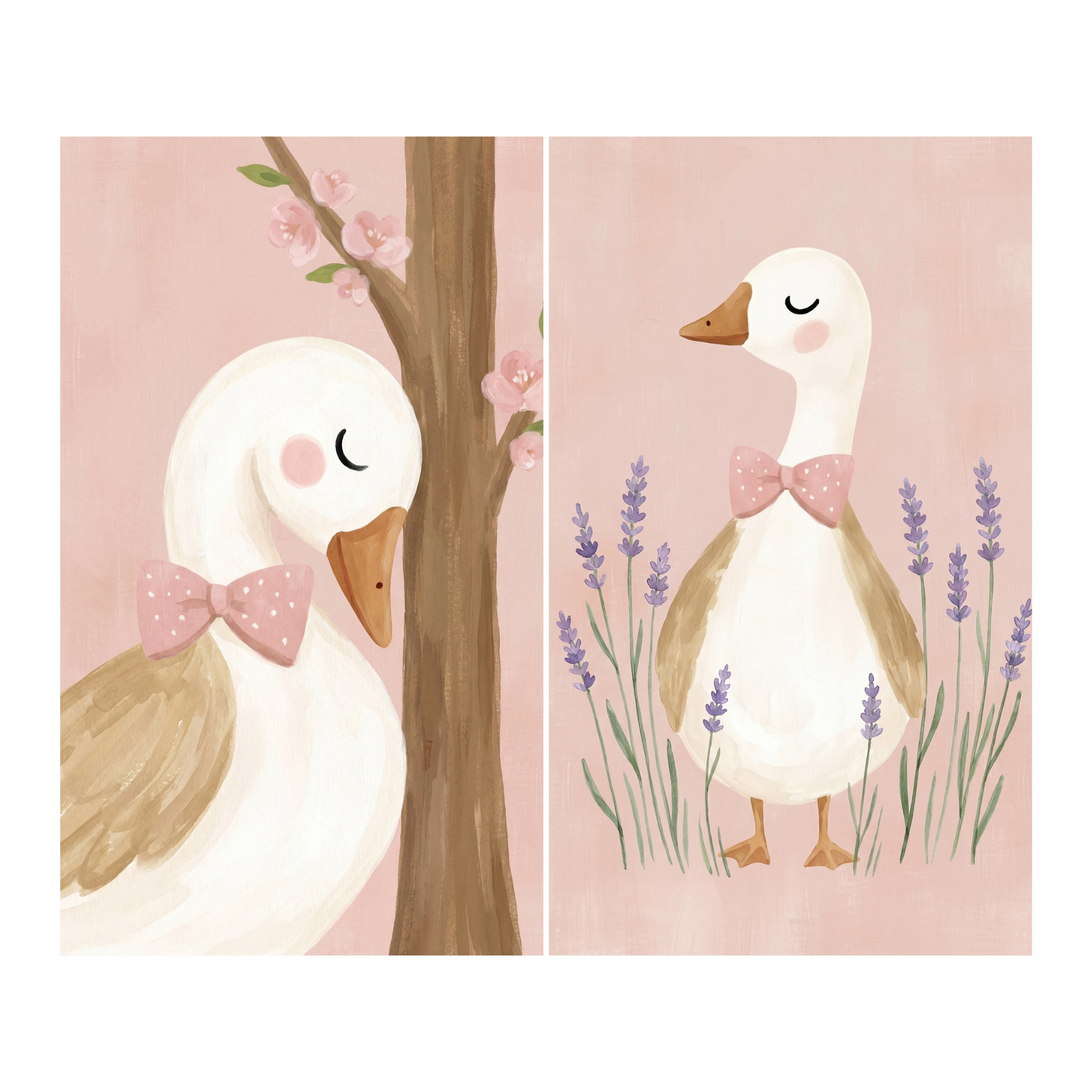 Sweet Pink Bow Goose Wall Art Set of 2 - Sweet Duck Duo