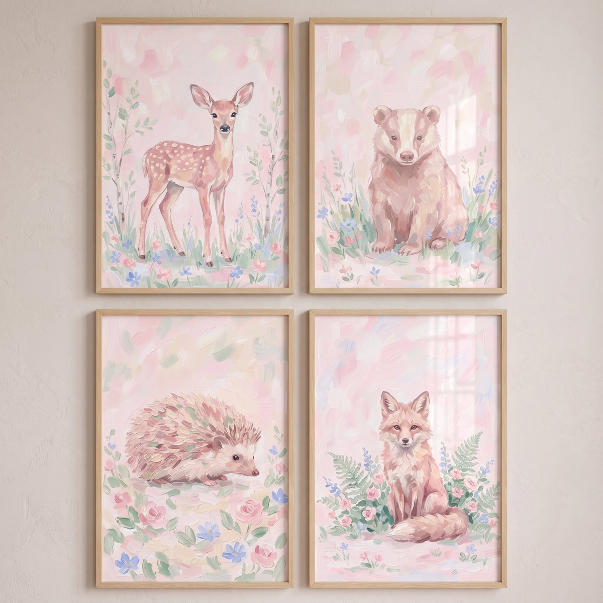Sweet Pink Forest Animals Wall Art Set of 4 - Whimsical Woodland Critters