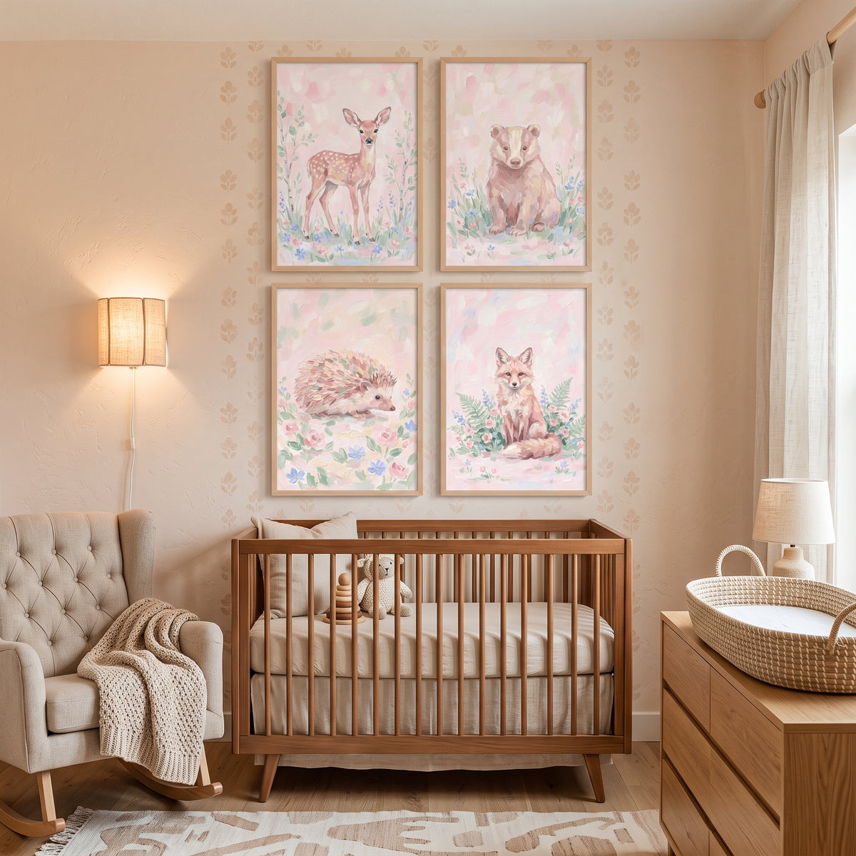 Sweet Pink Forest Animals Wall Art Set of 4 - Whimsical Woodland Critters