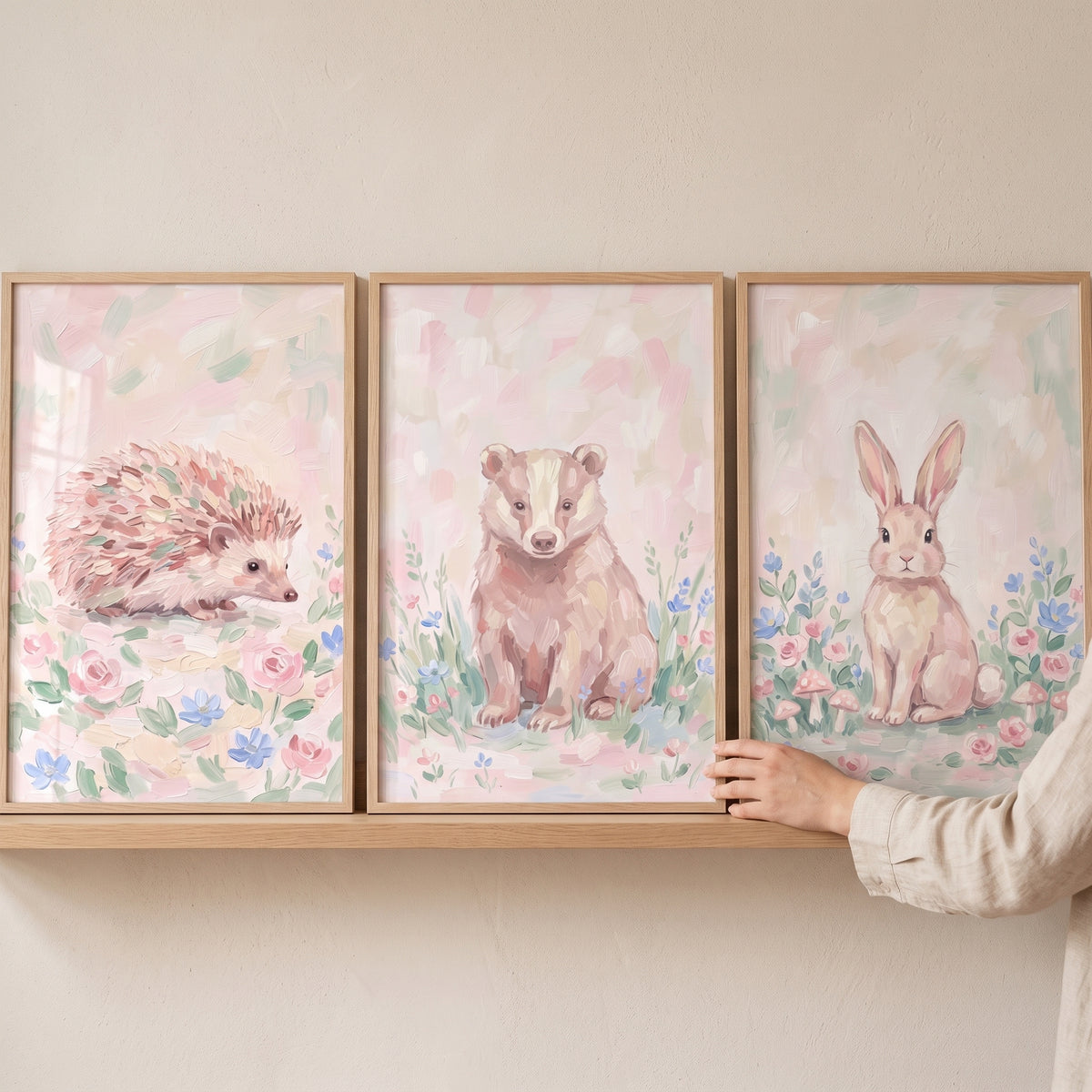 Sweet Rose Forest Animals Wall Art Set of 3 - Soft Woodland Bloom