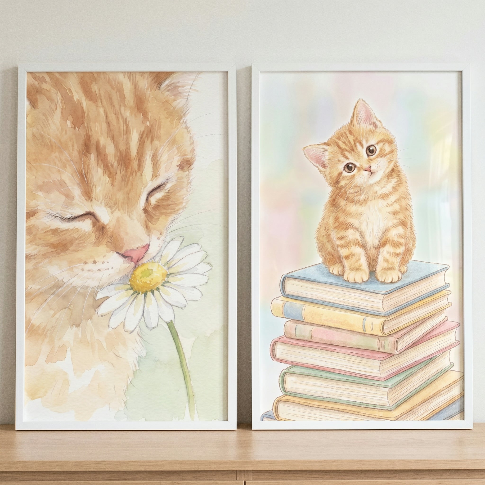 Sweet Watercolor Orange Kitten Wall Art Set of 2 - Little Tabby Tales