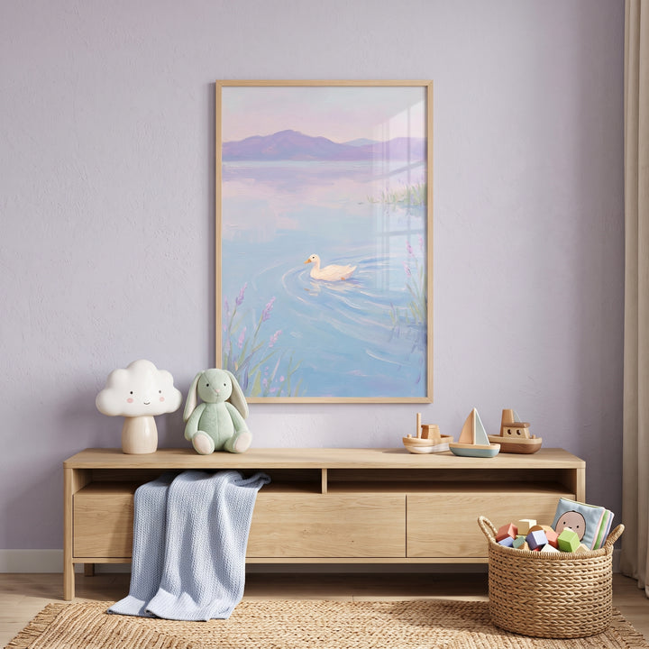 Swimming lake white duck wall art above a wooden console with a cloud lamp, plush bunny, and toys on a lavender wall.