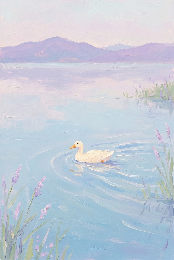 Textured swimming lake white duck wall art with a duck on calm water, purple flowers, and distant pastel mountains.