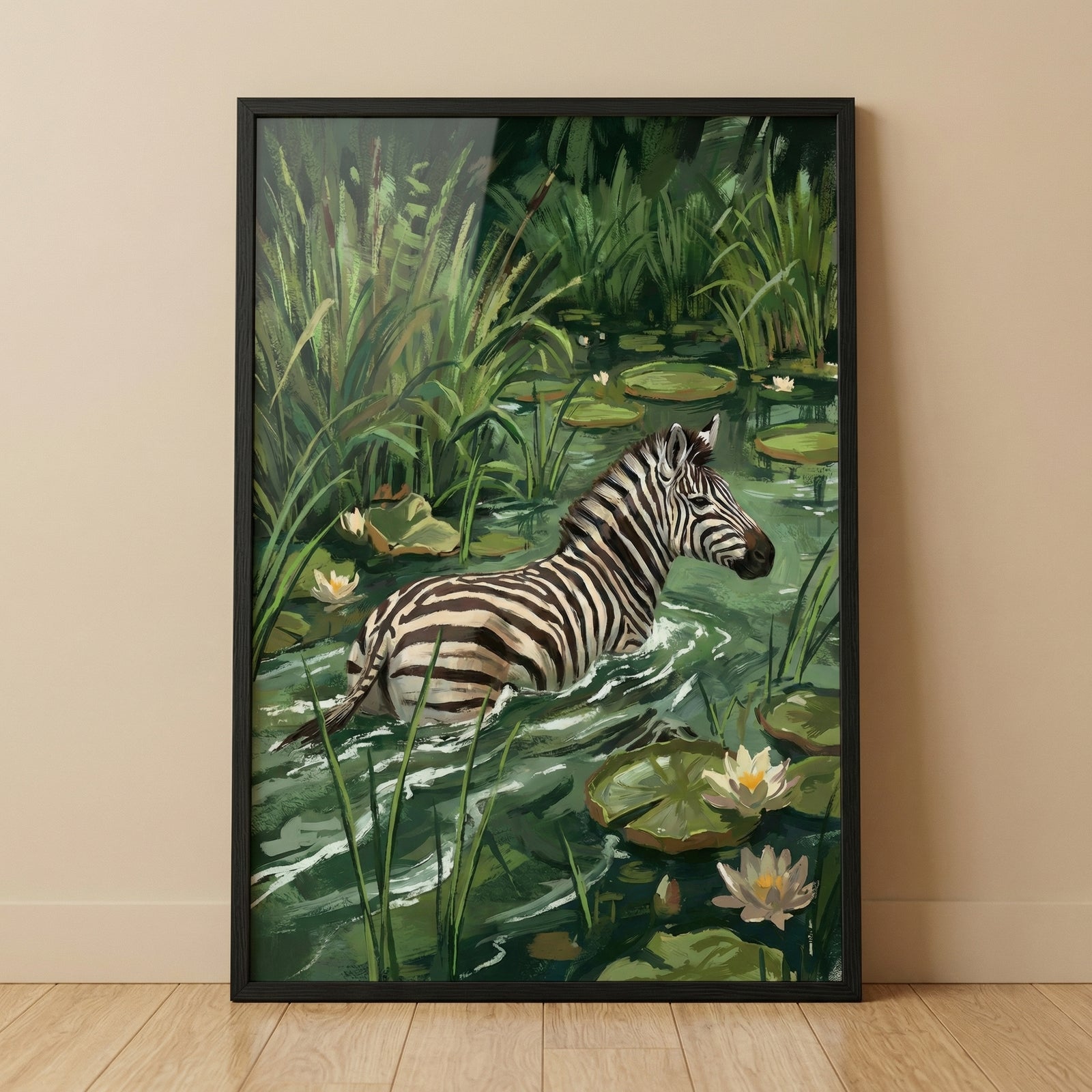 A framed illustration of a zebra wading through a lush, verdant pond. The animal's striking black and white stripes stand out against the deep greens of the surrounding foliage. It is partially submerged in the water, which is filled with large, round lily pads and delicate white water lily blossoms. 