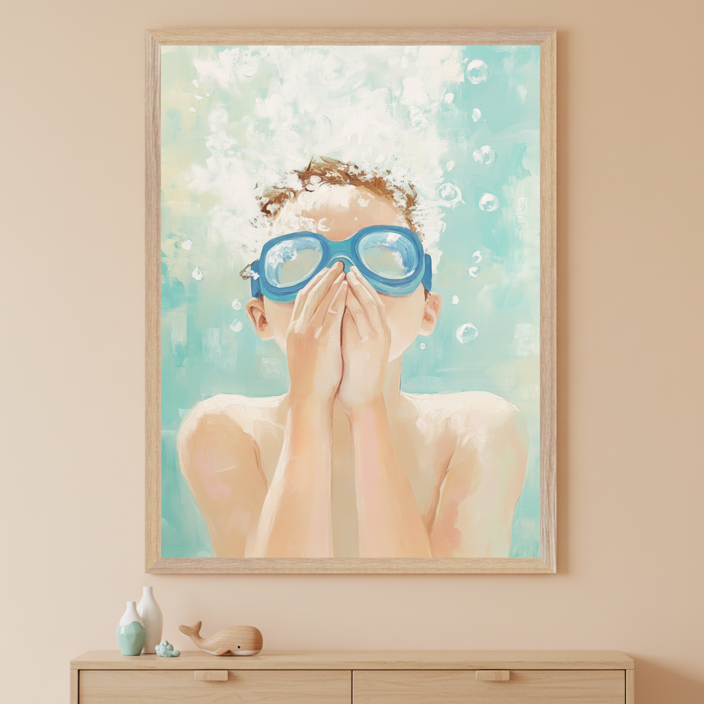 Modern kid's room with a white dresser. A large framed impressionistic painting of a boy with blue goggles underwater, covering his mouth with hands, surrounded by bubbles, hangs above the dresser. A vase with flowers and a basket with a doll are on the dresser.