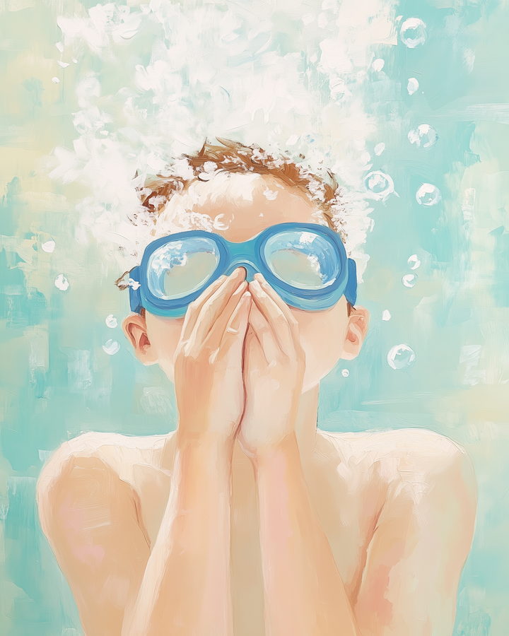 A young child underwater wearing blue goggles, with hands covering their mouth, surrounded by bubbles in a serene, painterly style.