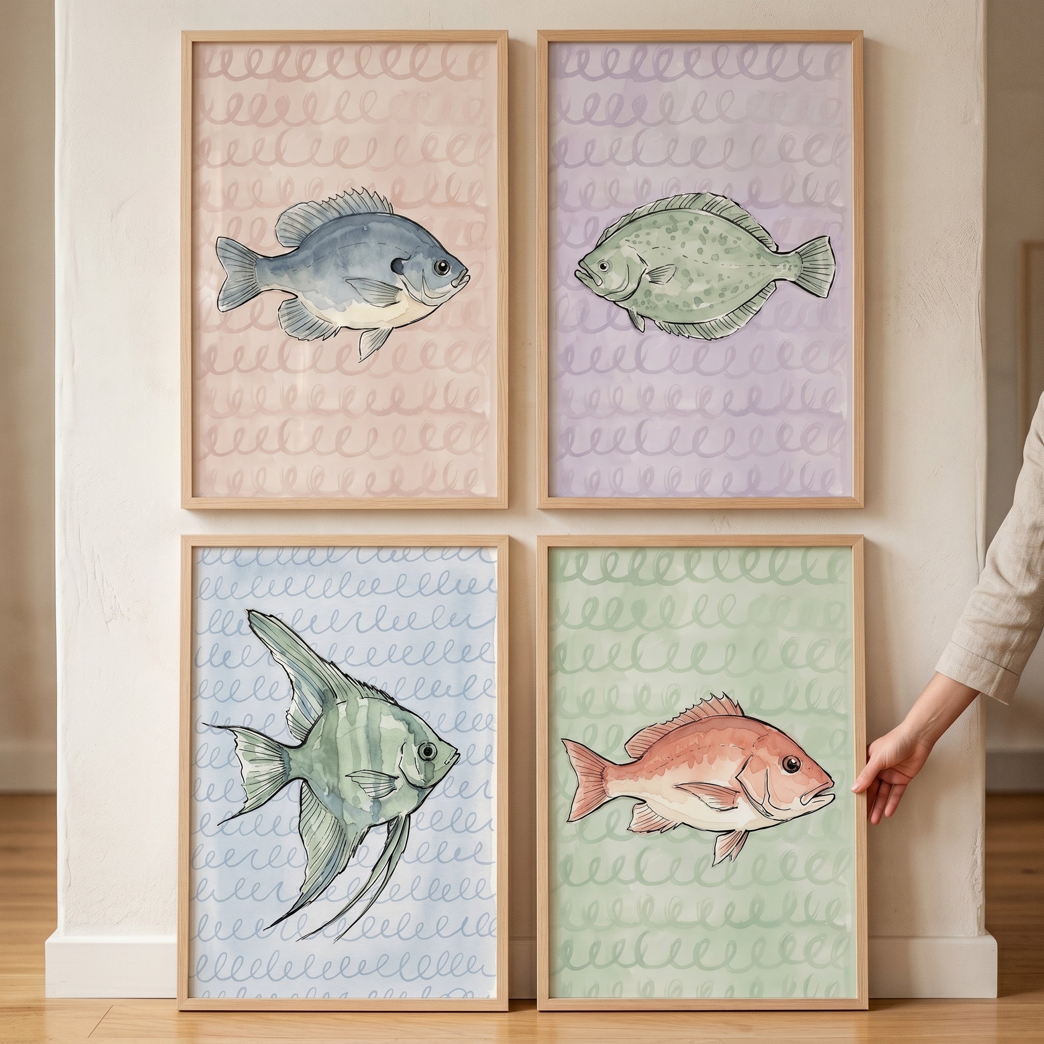 Swirl Background Watercolor Fish Wall Art Set of 4 - Coastal Fish Collection