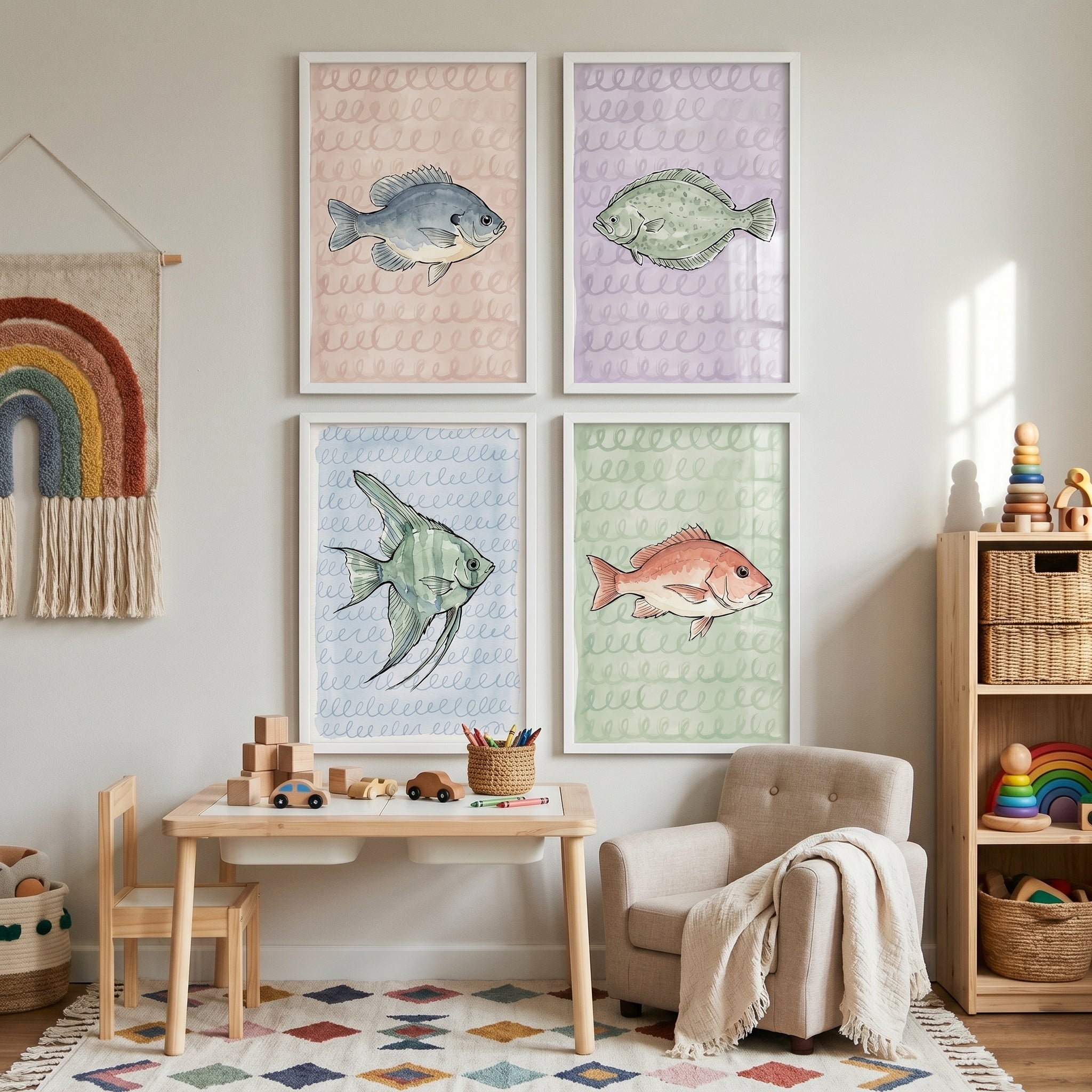 Swirl Background Watercolor Fish Wall Art Set of 4 - Coastal Fish Collection