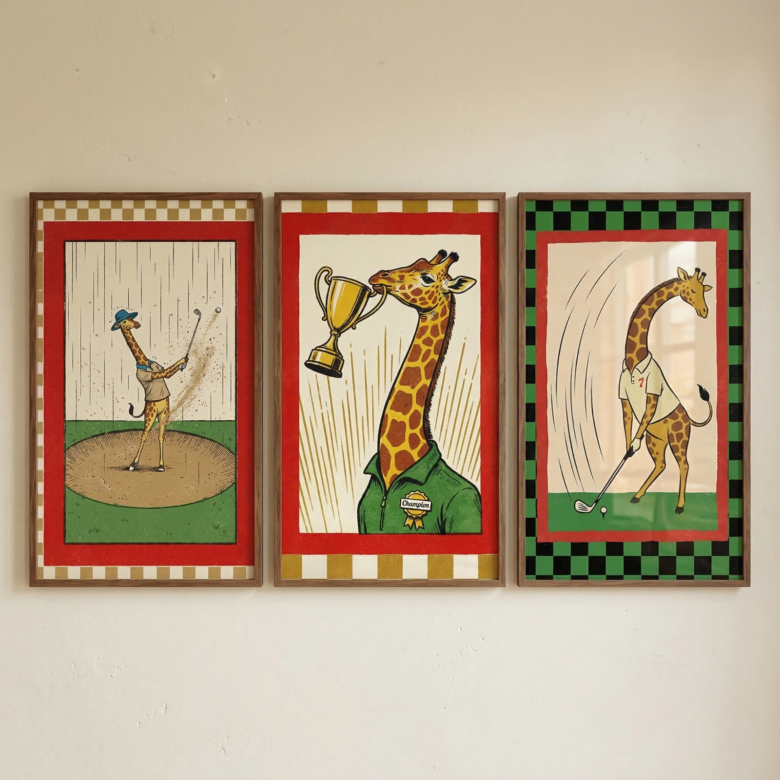 Three framed illustrations of giraffes playing golf are hung side-by-side on a plain wall. 

The left illustration shows a giraffe wearing a small hat and a tan vest swinging a golf club in a sand trap. It has a red border and a tan-and-white checkered frame.
