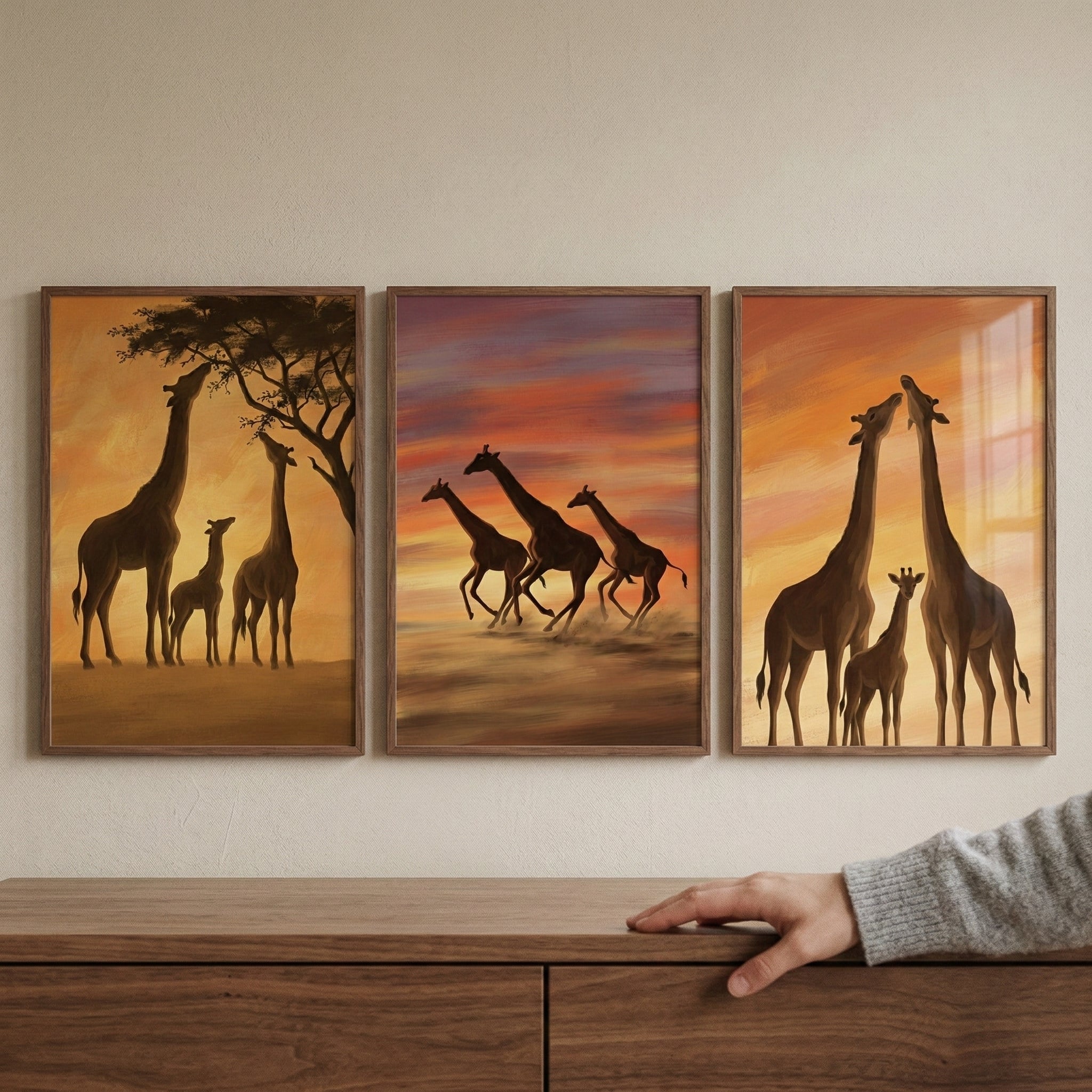 Savanna Giraffe Family Wall Art Set of 3 - Savannah Sunset Glow