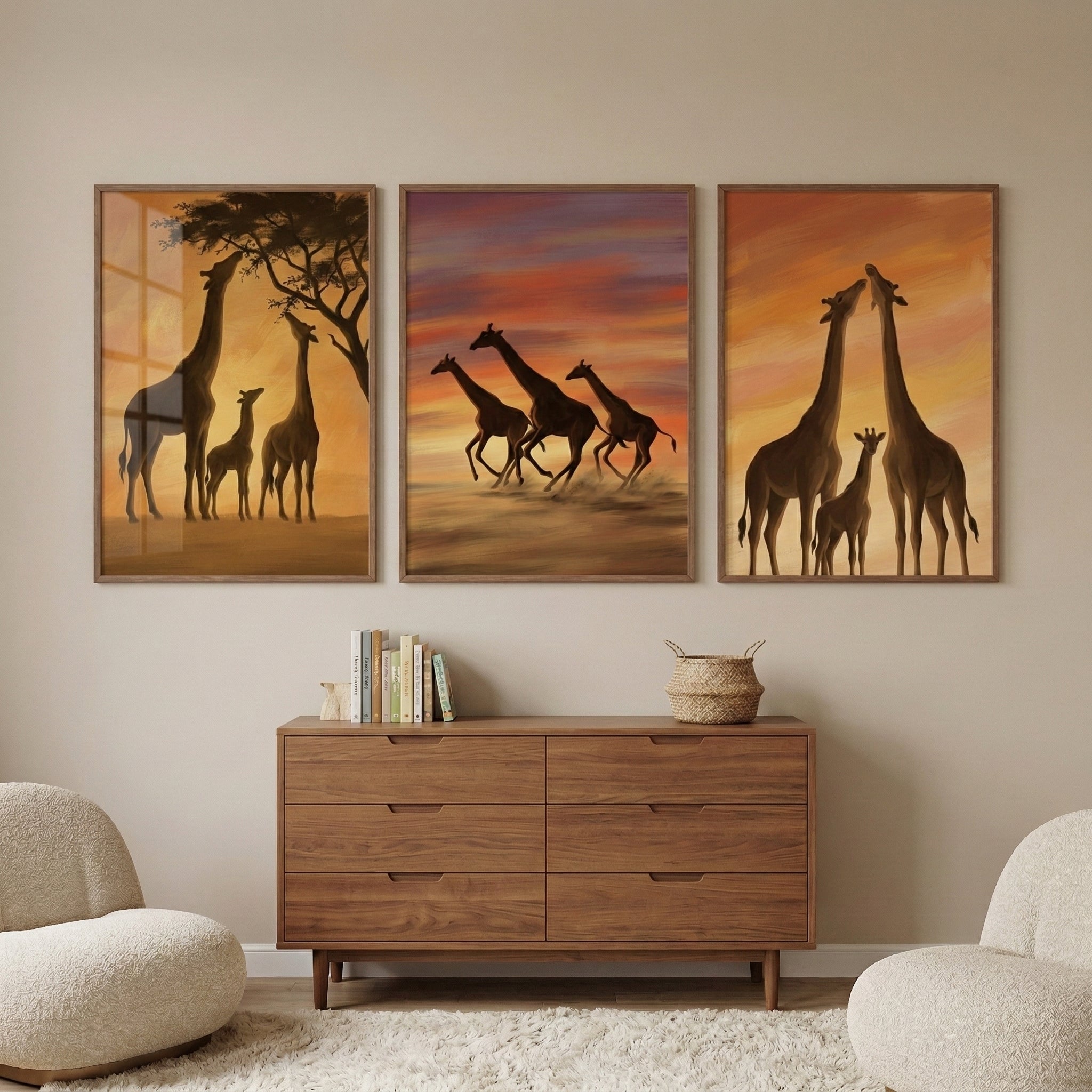 Savanna Giraffe Family Wall Art Set of 3 - Savannah Sunset Glow