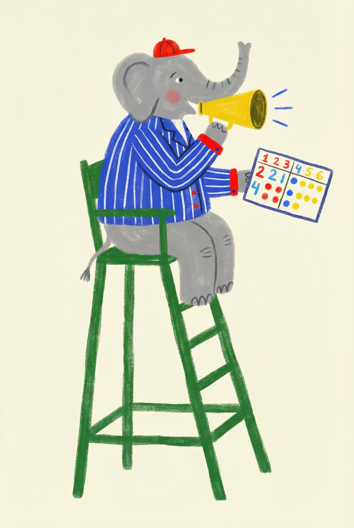 A gray elephant in a blue striped shirt sits on a tall green chair elephant artwork while using a yellow megaphone.