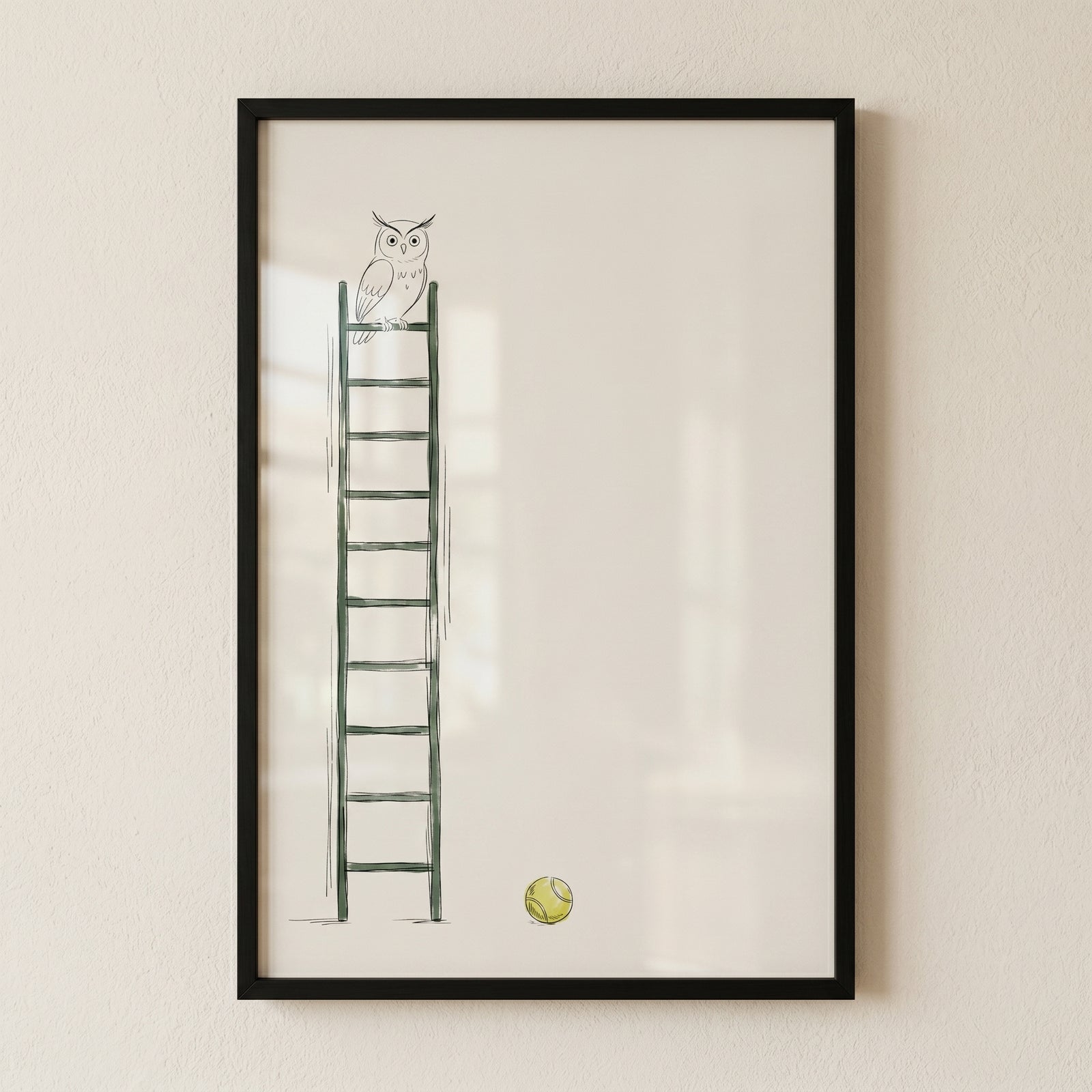 Framed minimalist tall ladder sitting owl wall art next to a small yellow tennis ball.