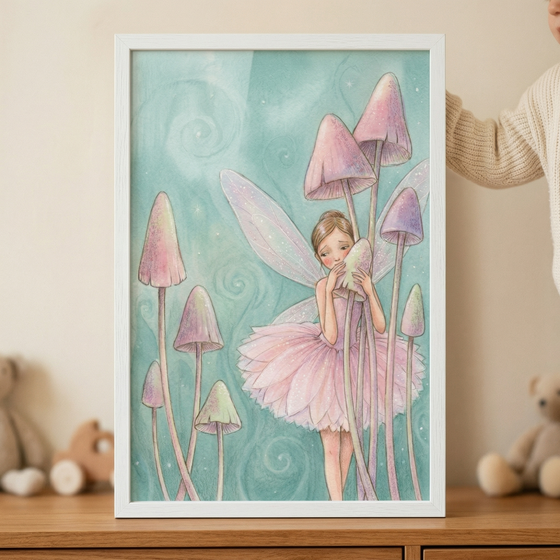 A framed whimsical illustration of a delicate winged sprite standing among tall, conical mushrooms. The sprite has light brown hair and wears a soft pink skirt made of layered petals. Her large, translucent wings have subtle purple accents. The surrounding mushrooms are tall and thin, with pointed caps in gradients of pink, purple, and pale green. A serene, teal background features gentle swirl patterns. The white frame is held by a hand and sits on a wooden shelf near nursery toys.